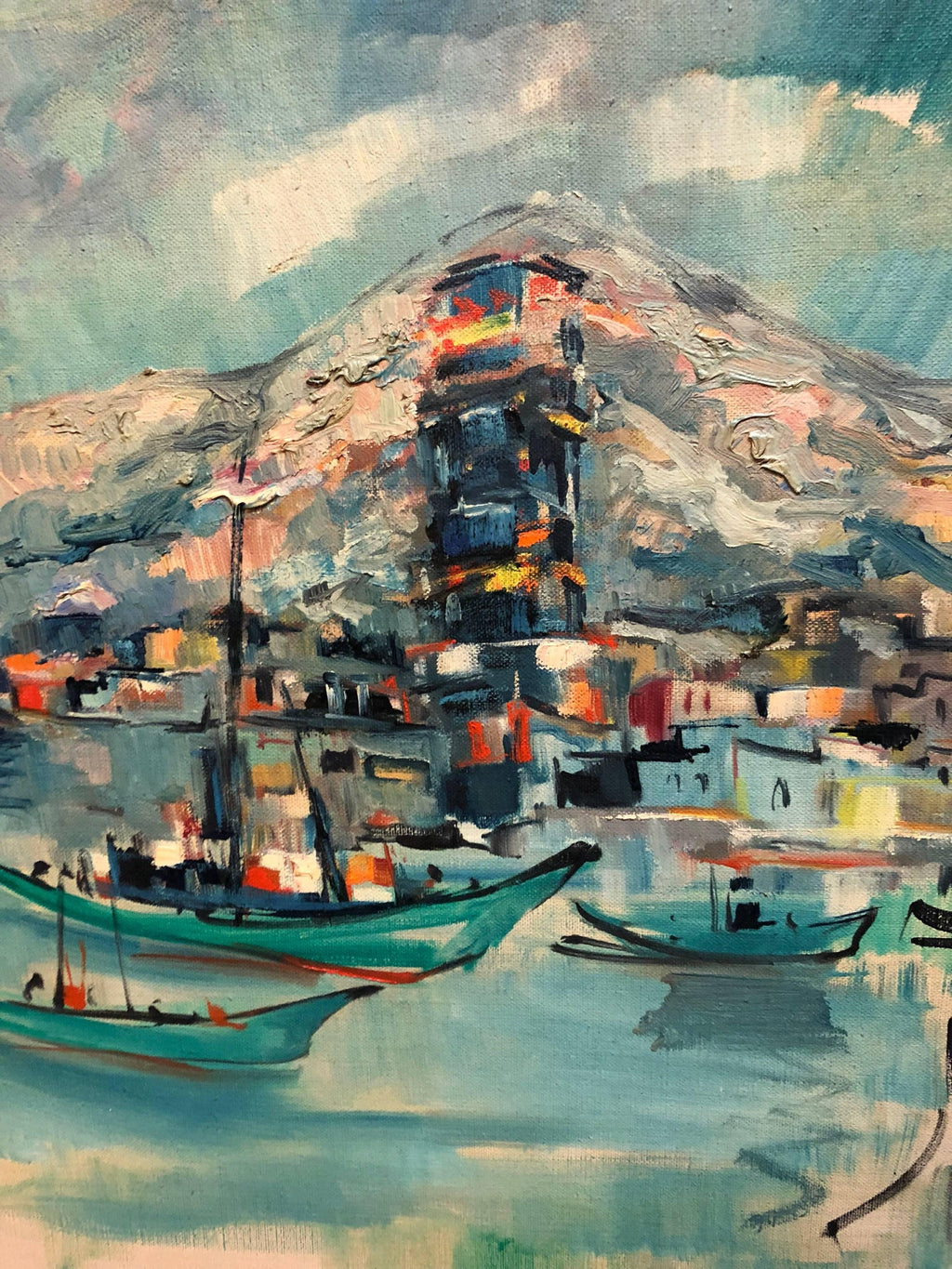 1940s Israeli Modernist Oil Painting Marine Harbor Landscape Bezalel School