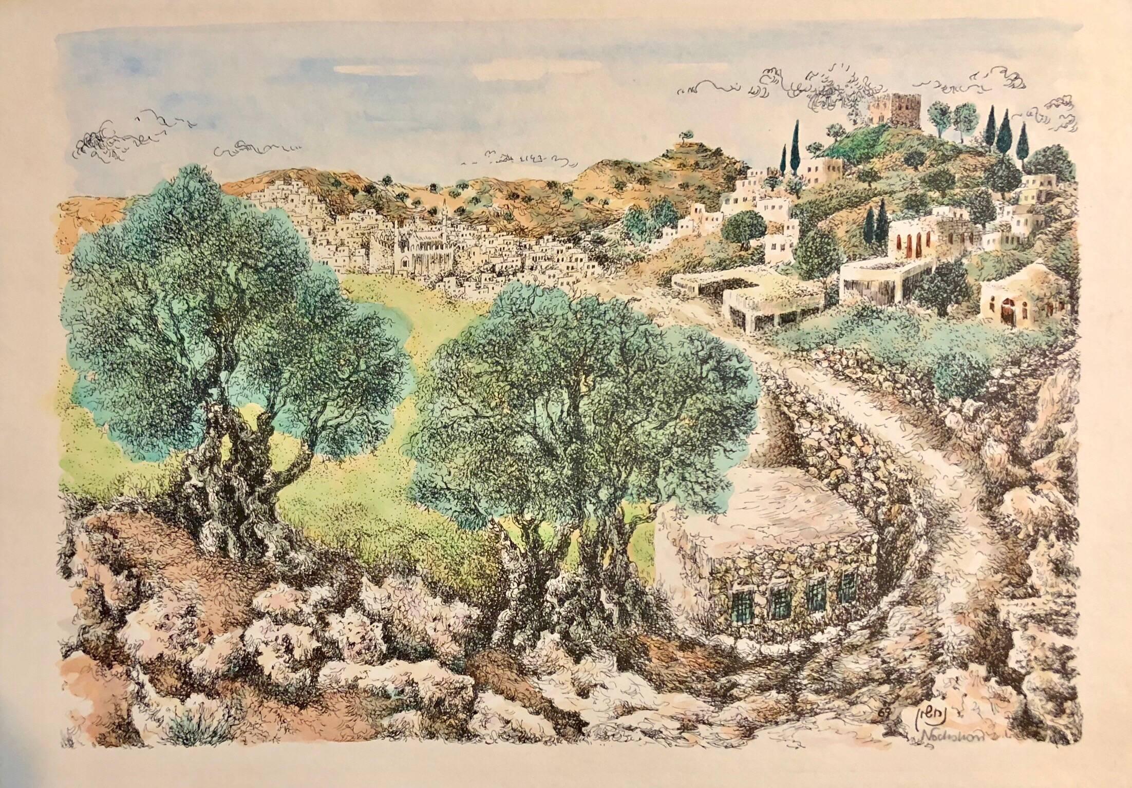 Hebron, 1967 Israeli Judaica Mixed Media Print Watercolor Painting