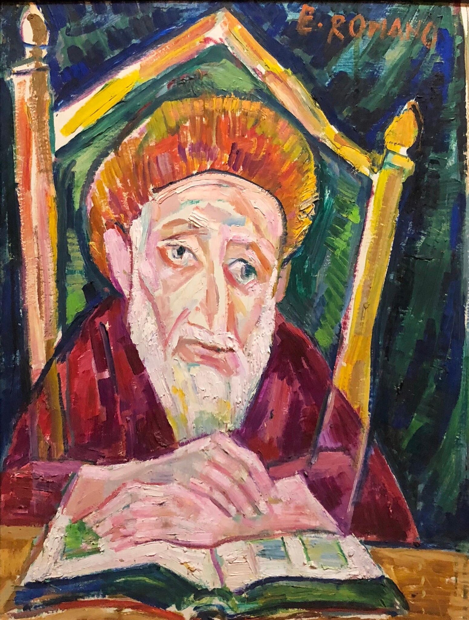 Modernist Oil Painting 1940s, Judaica Hasidic Rabbi in Jerusalem