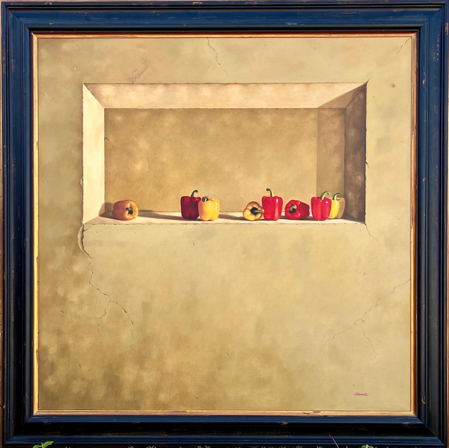 Large Trompe L'oeil Oil Painting Rene Chavelle Belgian Photo Realist Peppers