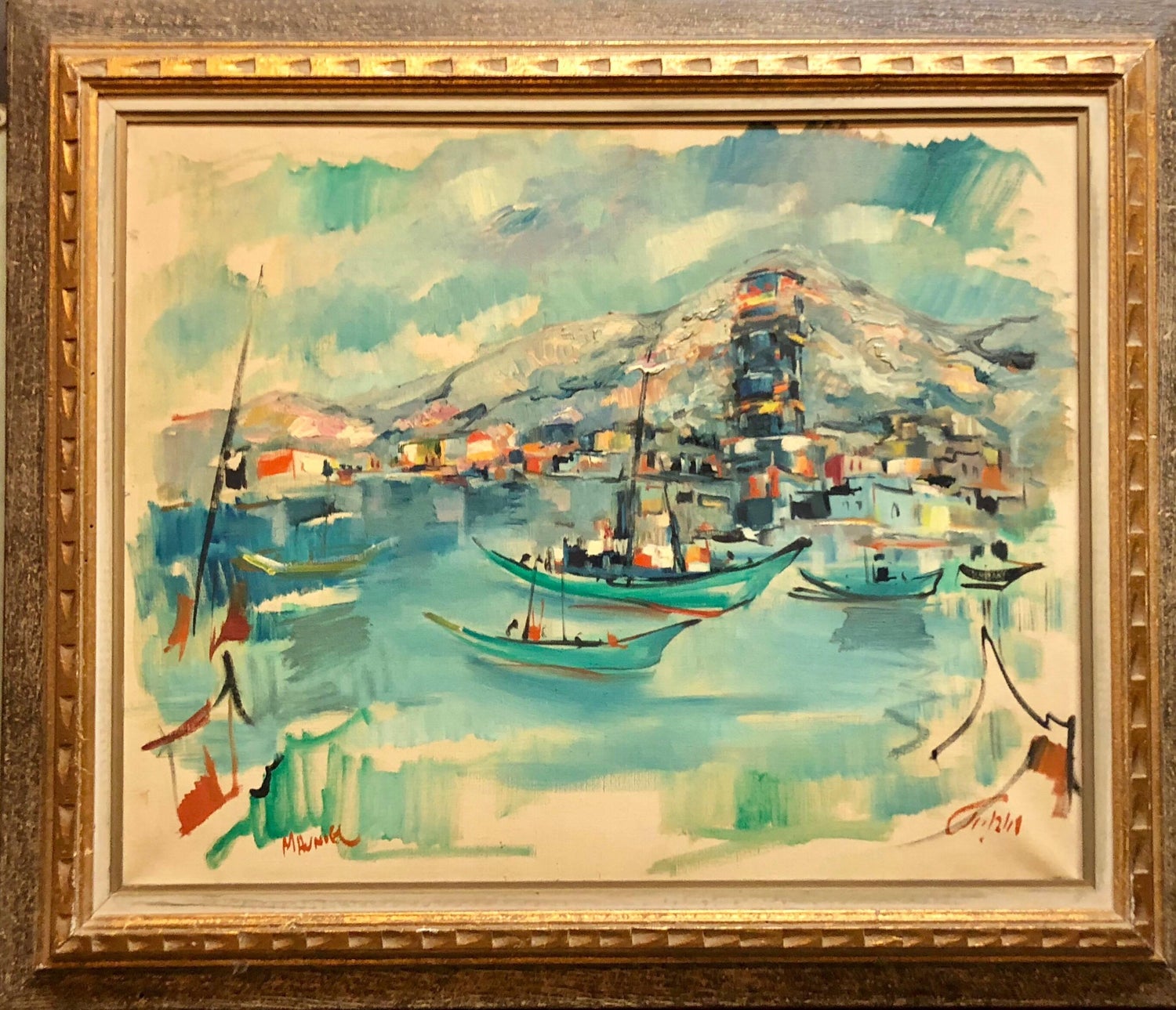 1940s Israeli Modernist Oil Painting Marine Harbor Landscape Bezalel School