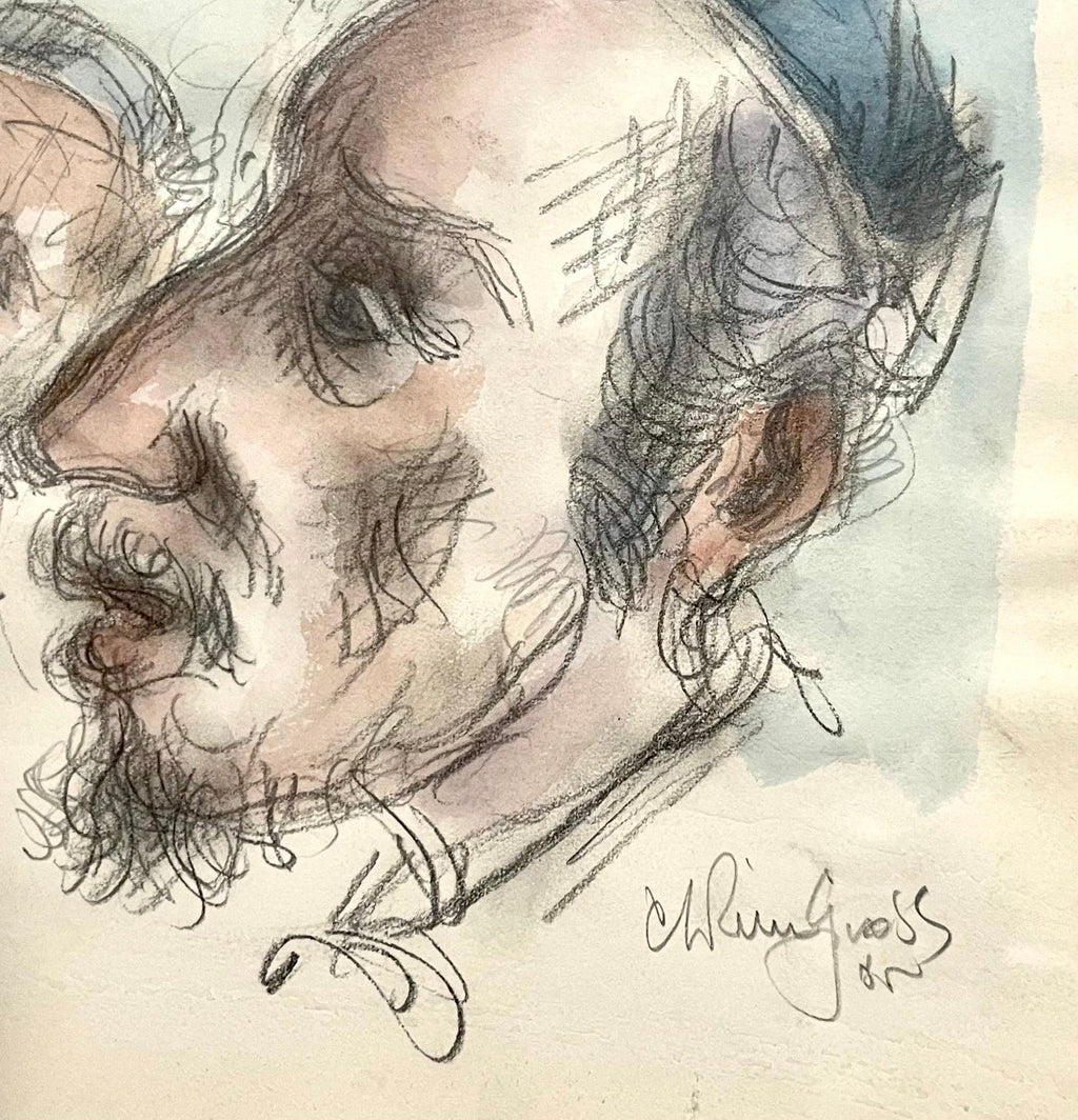 Chaim Gross Mid Century Mod Judaica Jewish Watercolor Painting Rabbis WPA Artist
