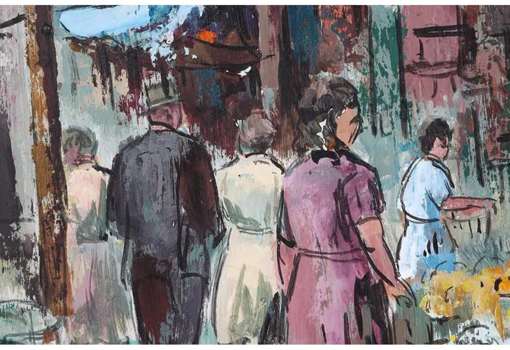 Modernist Oil Painting George Schwacha Brooklyn Street Scene Fruit Market WPA