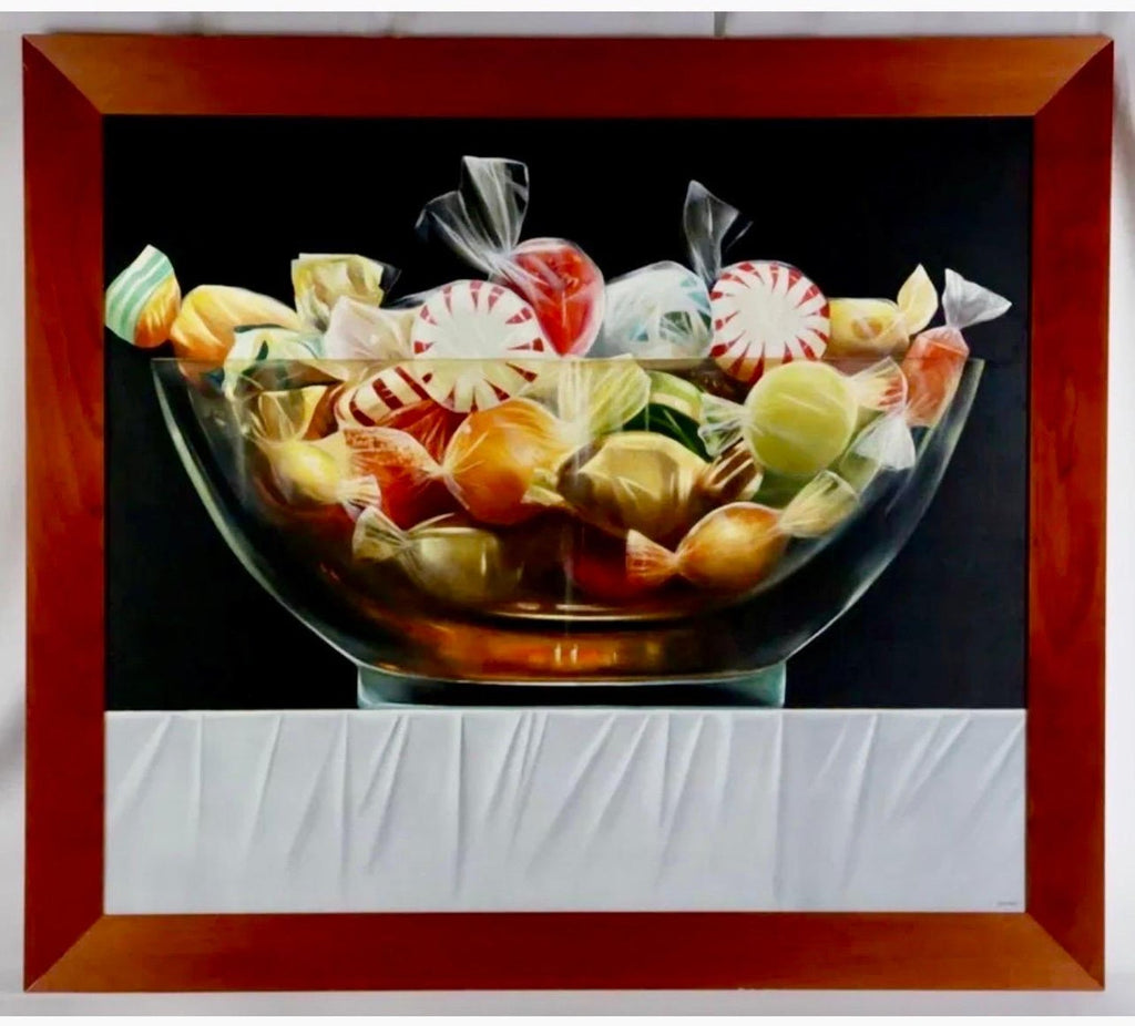Original James Tormey Photo Realist Oil Painting Still Life Candy Bowl Pop Art