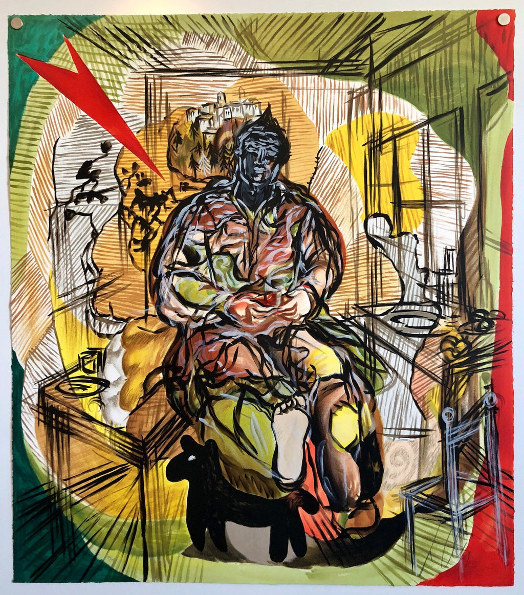 Large lithograph Italian Post Modernist Bright Figurative Pop Art Figure w Dog