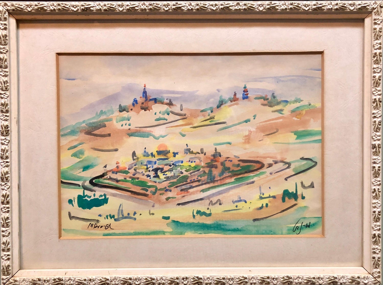 Israeli Modernist Watercolor Painting Jerusalem Landscape Bezalel School Avniel