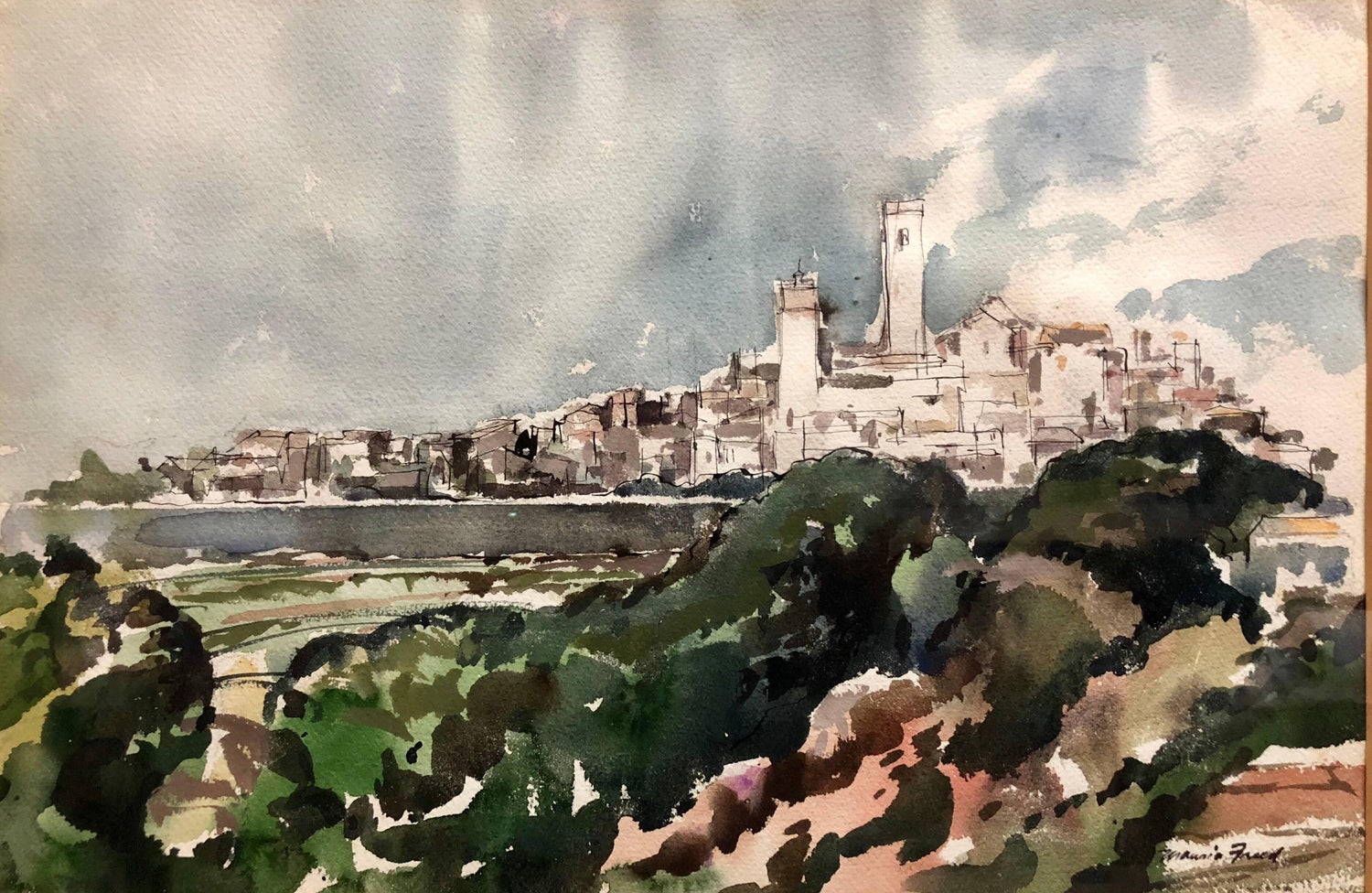 Modernist Landscape 'Portugal' Watercolor Painting