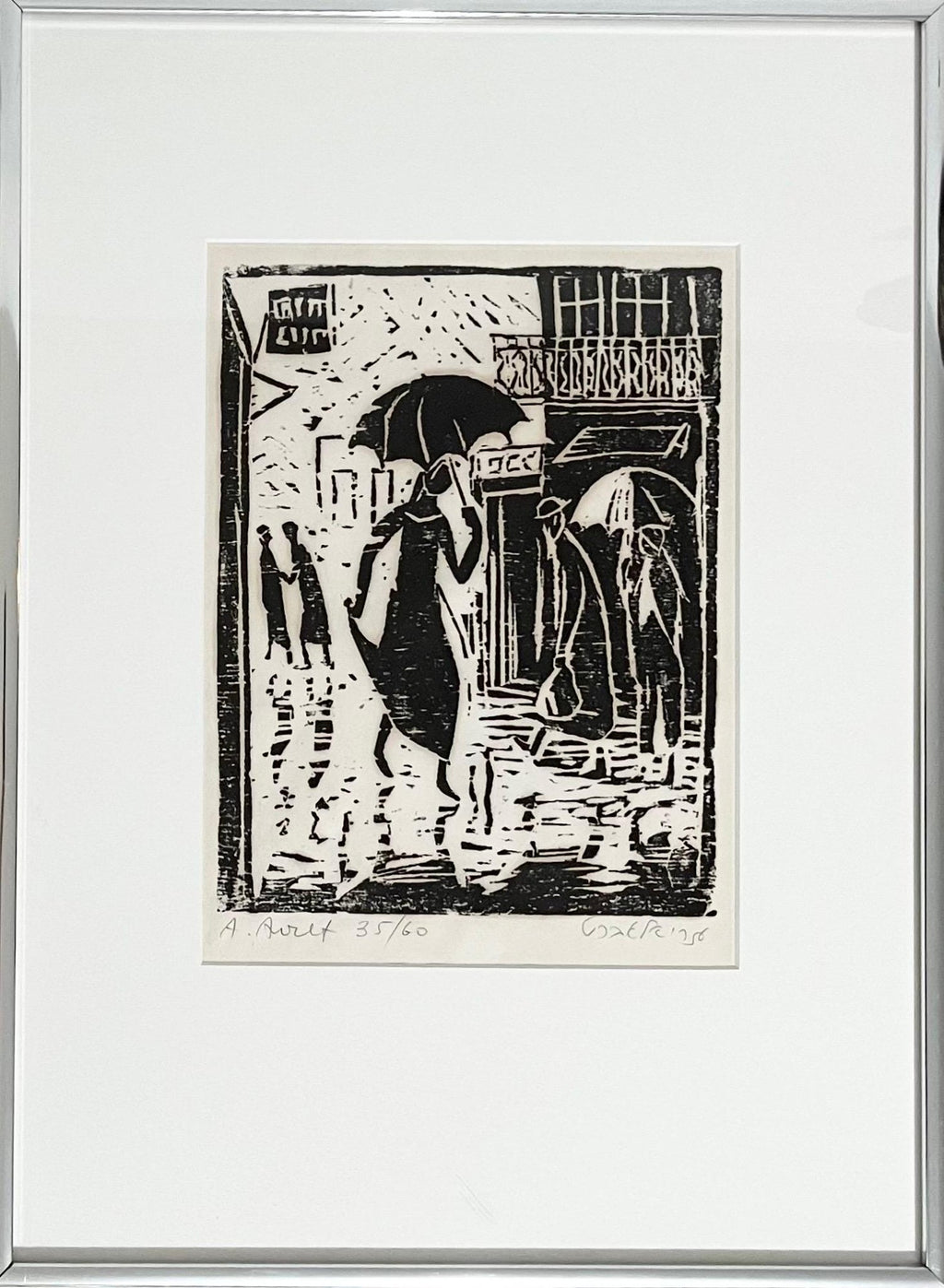 Woodblock Print Polish Israeli Artist Azriel Awret Rainy Street Jerusalem Israel