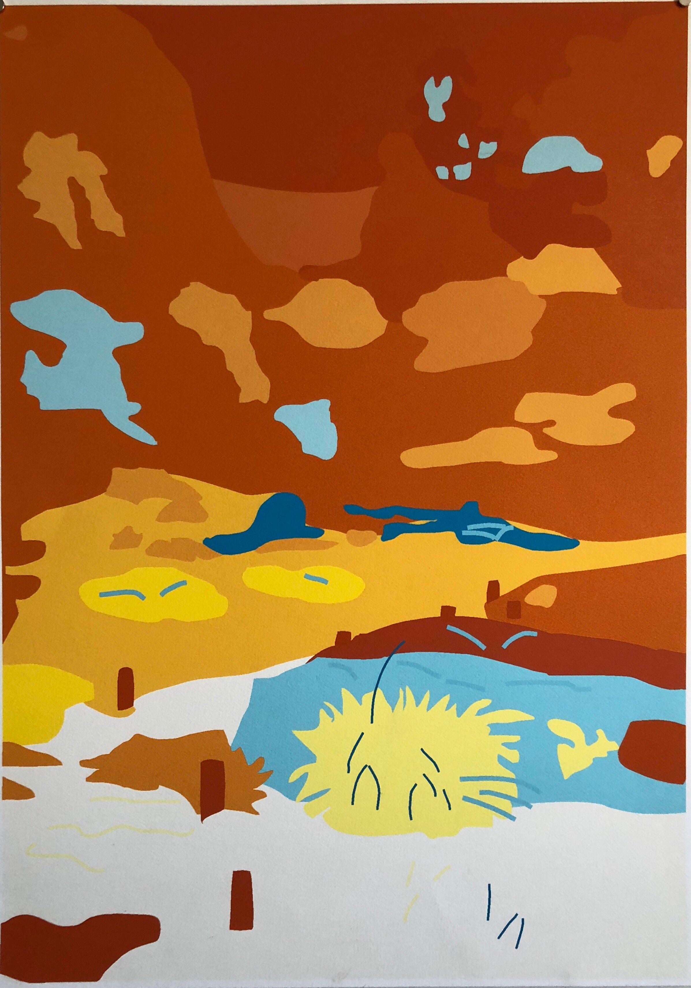 Large Abstract Vibrant Colorful Silkscreen Serigraph Print Japanese Garden