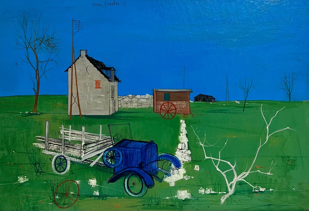 1950's Mid Century French Modernism Abandoned Fiat Automobile Art  Oil Painting