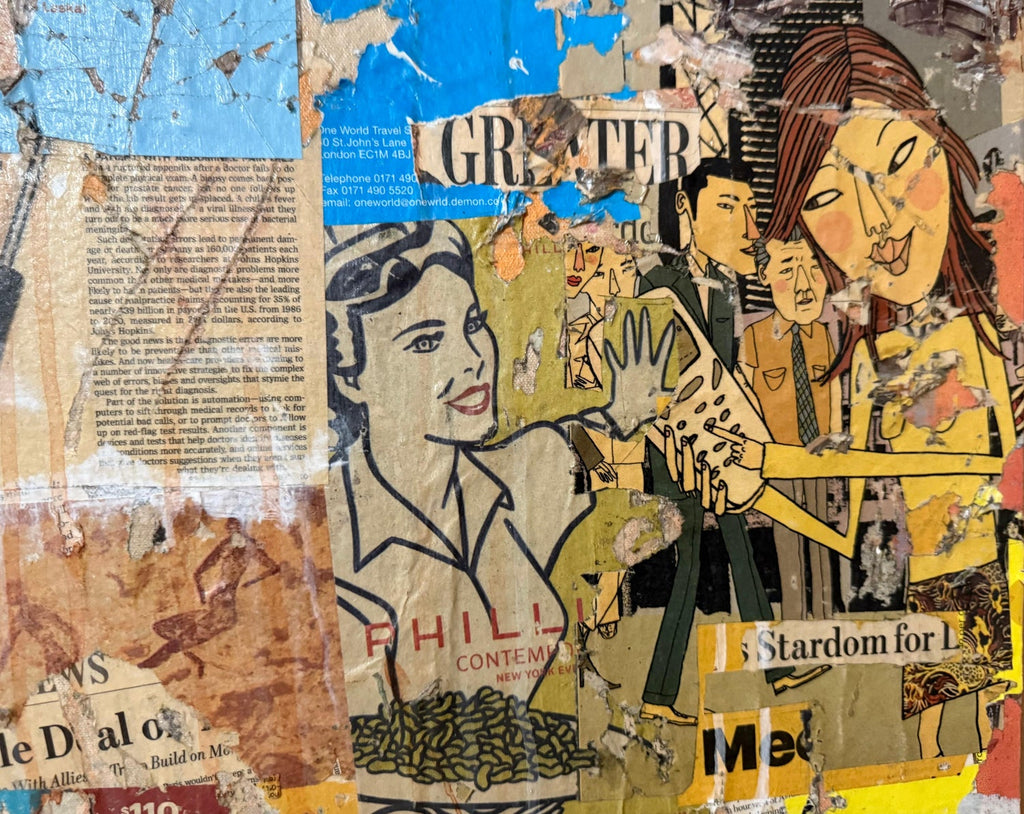Large Mike Falcon Torn Paper Collage Painting Assemblage Pop Art Decollage