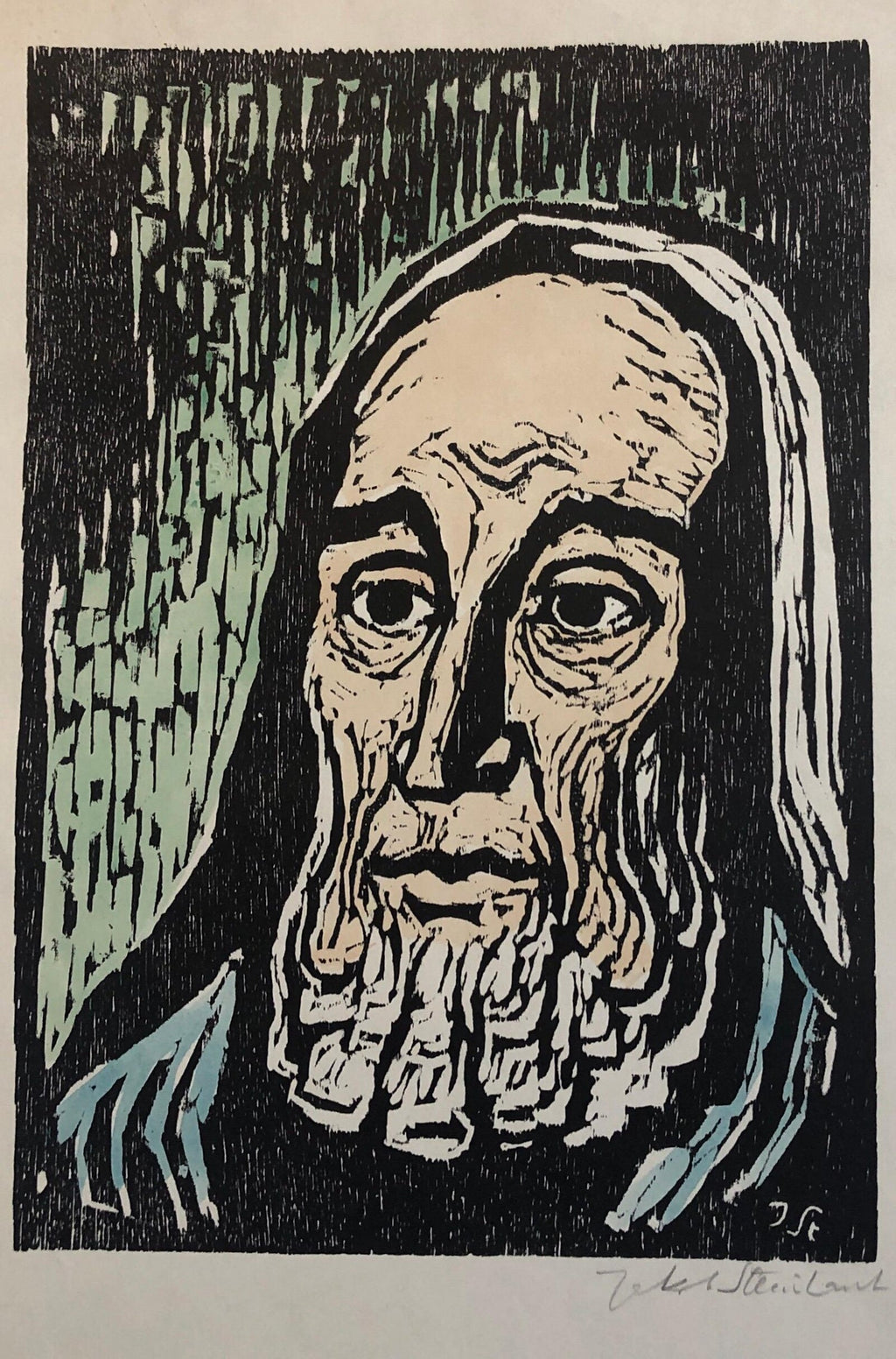 Jewish Rabbi Looking Heavenward German Expressionist Woodcut Israeli "Psalm"
