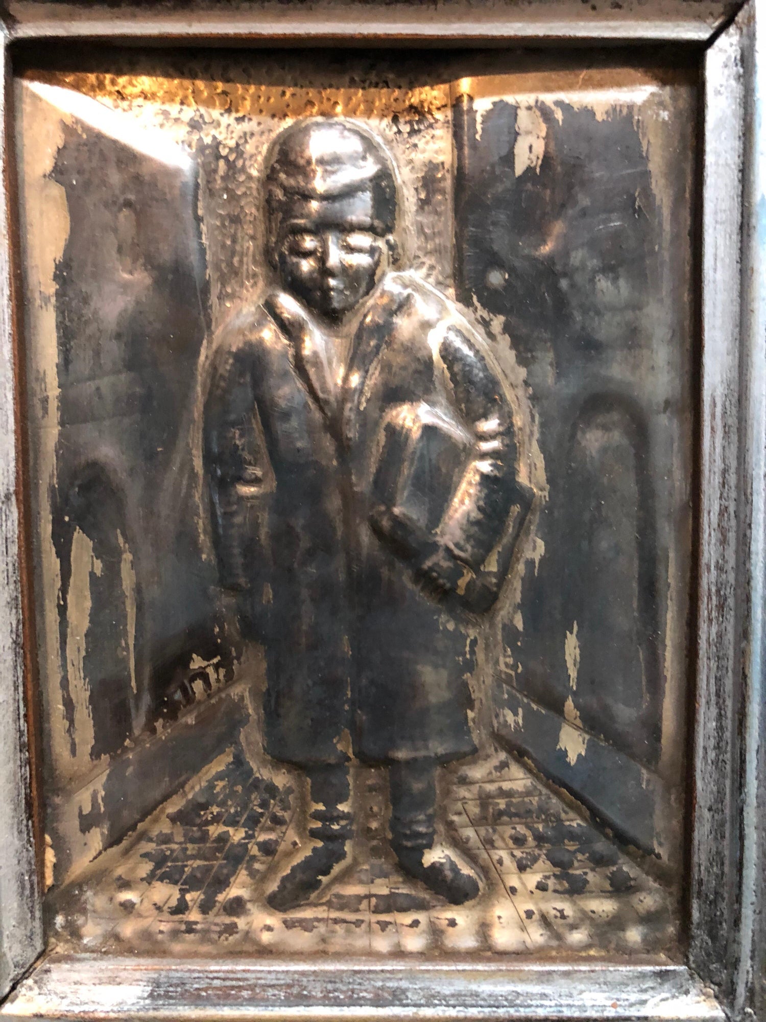 Judaica Silvered Copper Repousse Sculpture Relief Plaque Shtetl Yeshiva Bochur