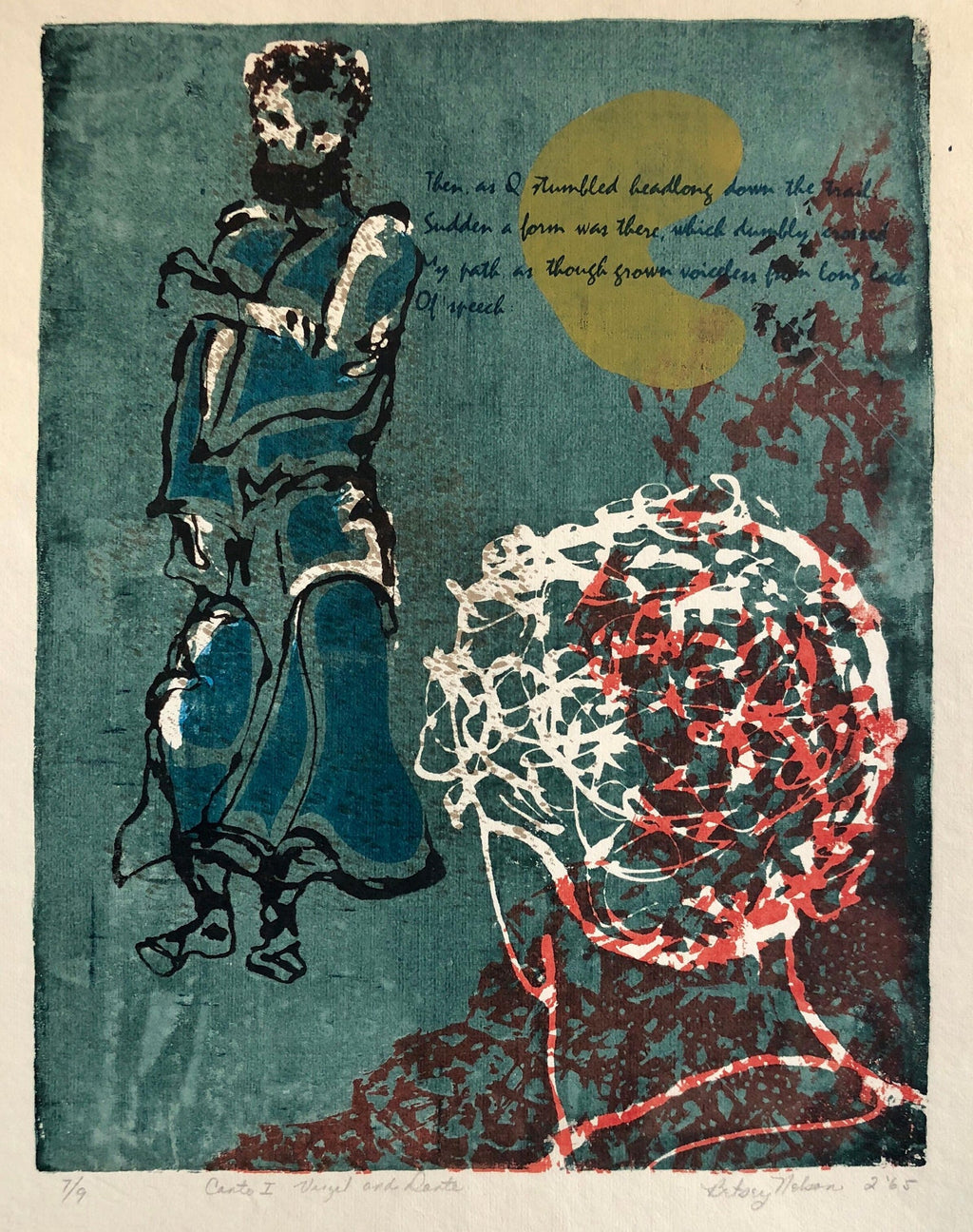 Vintage Vibrant Mod Divine Comedy Dante Virgil Woodblock Woodcut Print
