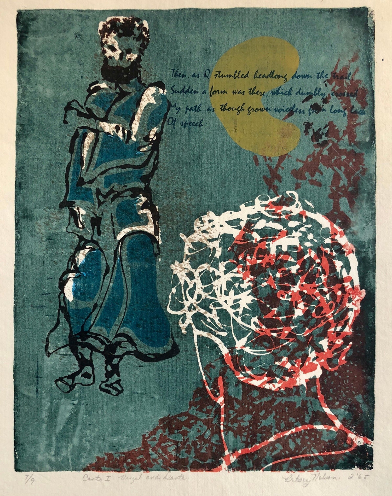 Vintage Vibrant Mod Divine Comedy Dante Virgil Woodblock Woodcut Print