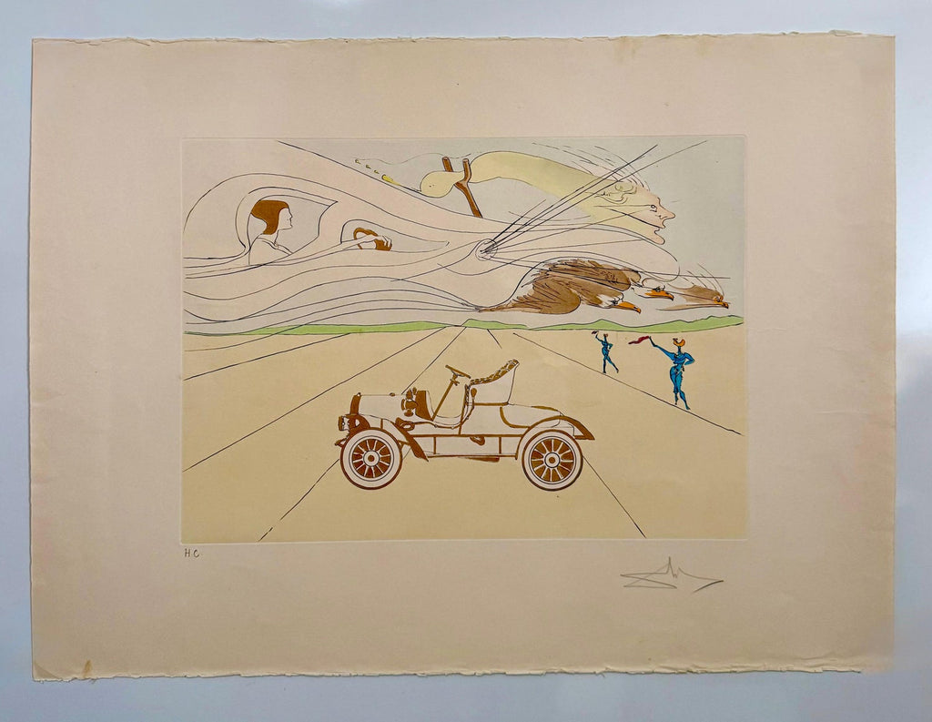 Salvador Dali Surrealist Etching Engraving Pochoir L'Automobile Da Vinci Hommage