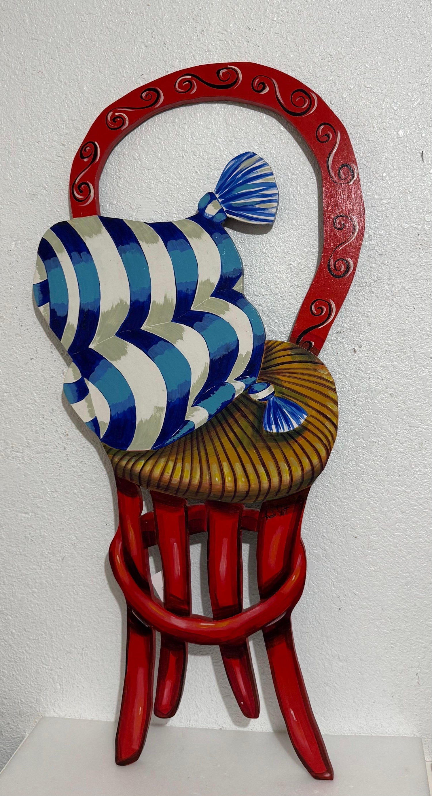 Pop Art Painting Carved Wall Sculpture Amanda Watt Thatched Chair Vibrant Color