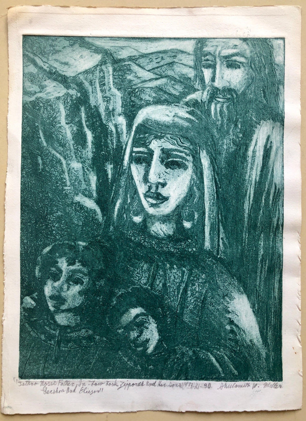 Modernist "Jethro" Aquatint Etching Israeli Judaica Bezalel School Woman Artist