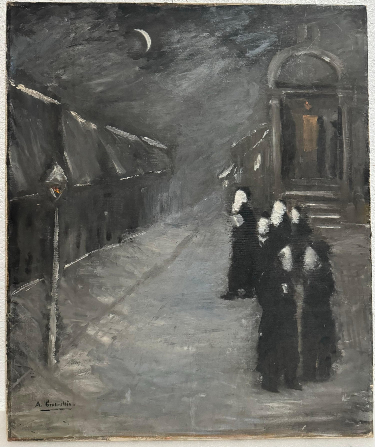 Pre War European Hasidic Rabbi Kiddush Levana (Moon) German Judaica Oil Painting