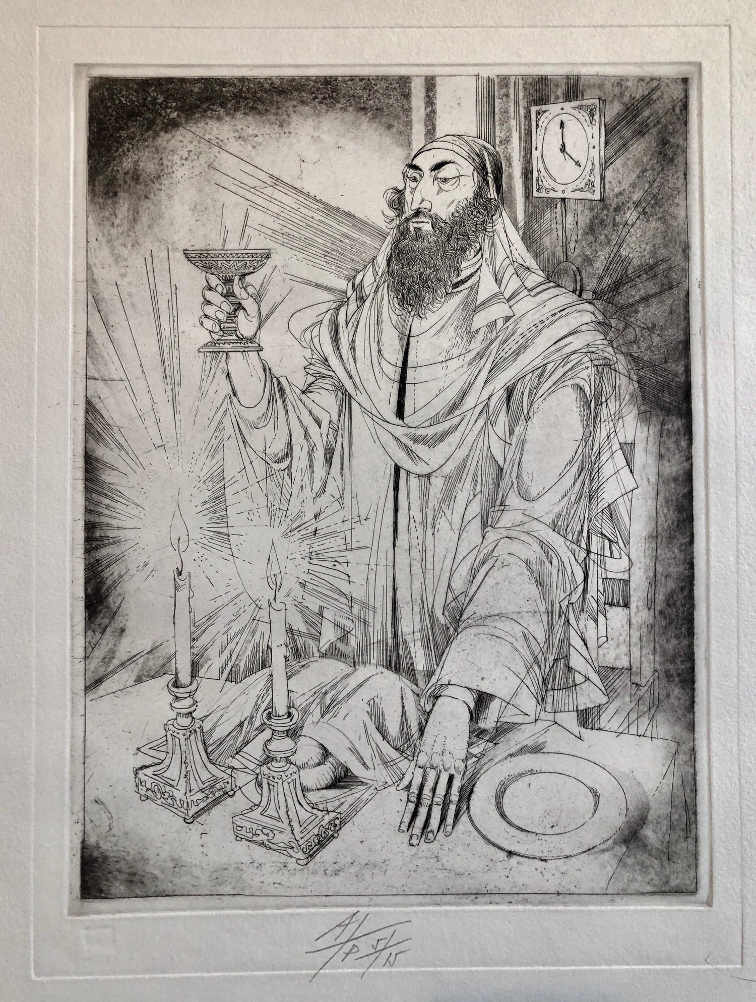 Judaica Etching Passover Seder Scene WPA Artist