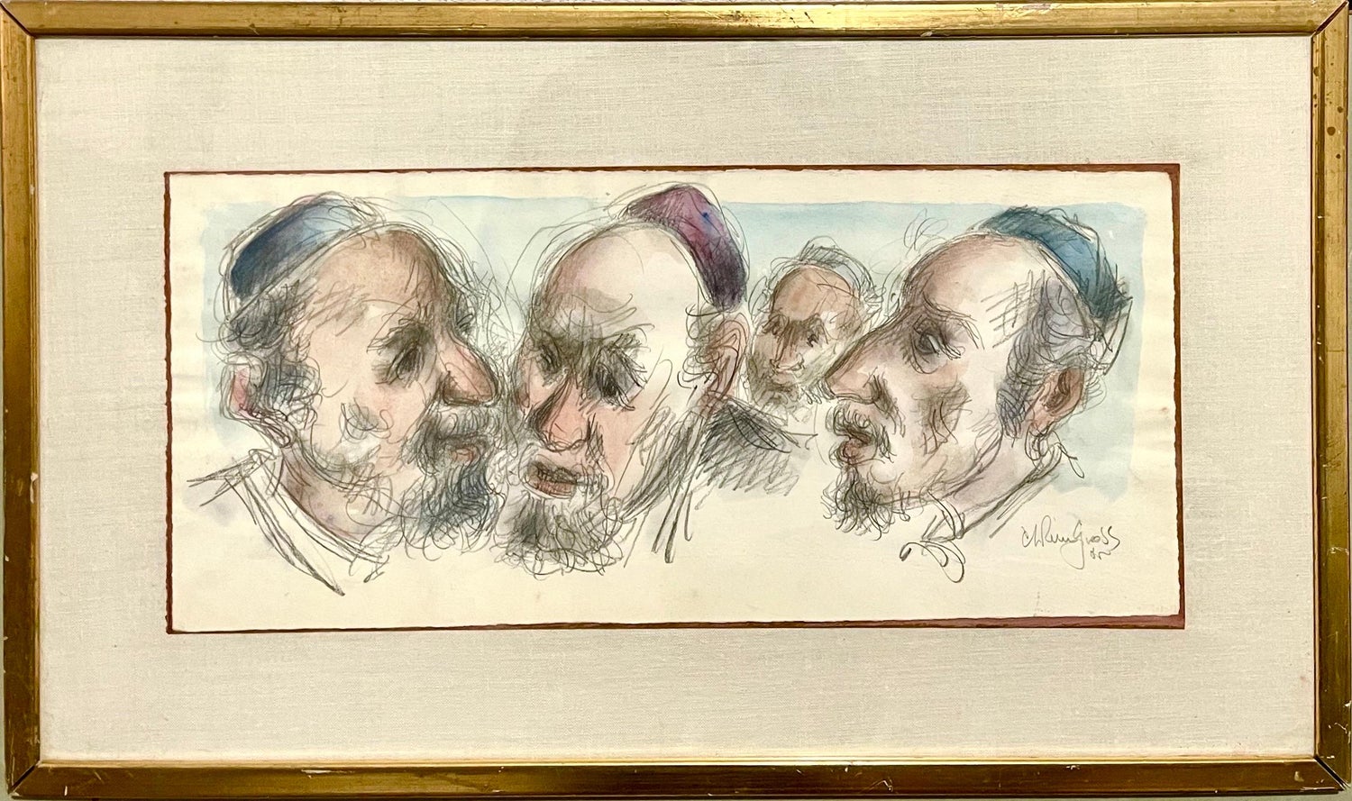 Chaim Gross Mid Century Mod Judaica Jewish Watercolor Painting Rabbis WPA Artist