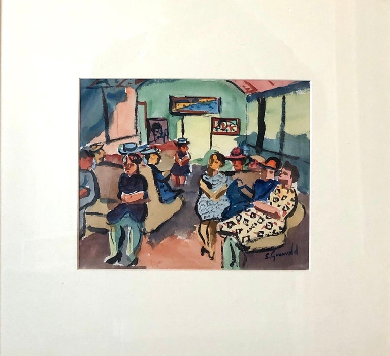 1940's American WPA Modernist New York City Watercolor Painting Subway Riders