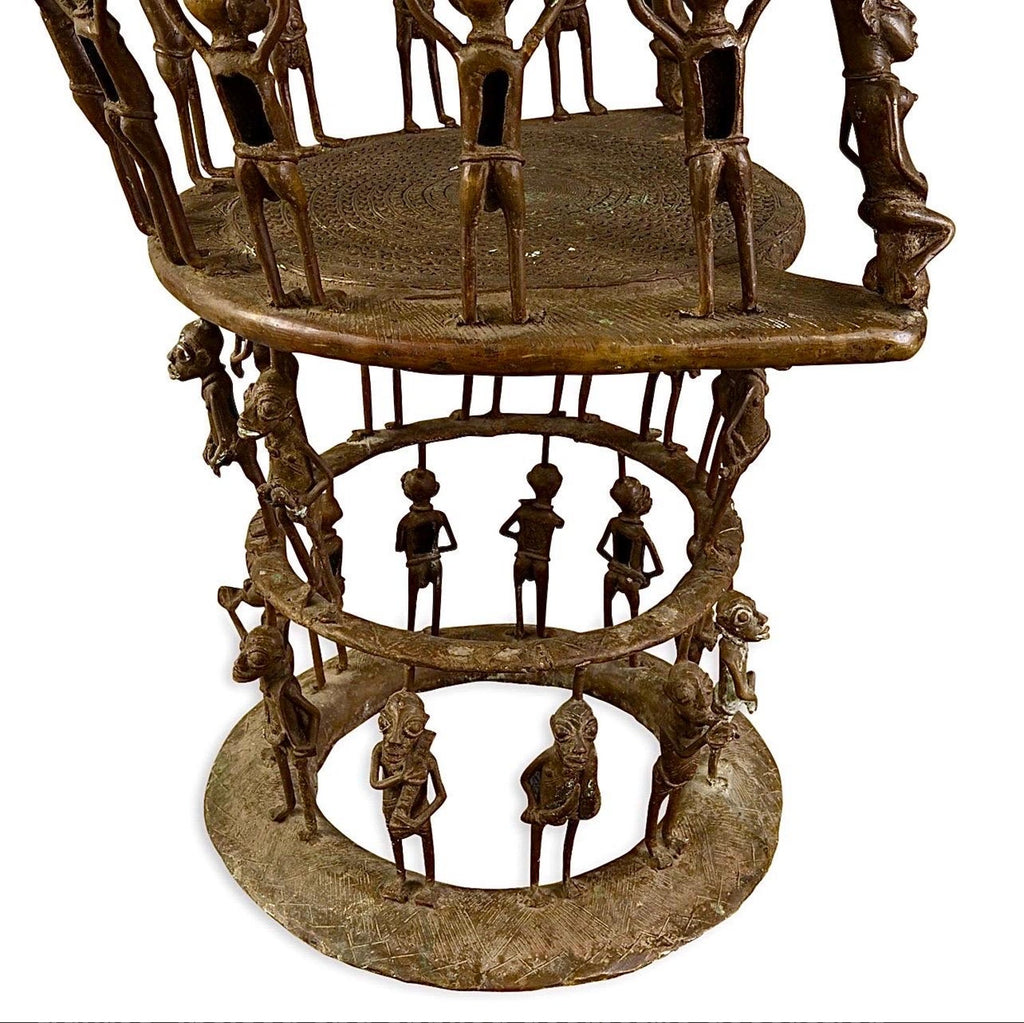 Rare African Solid Benin Bronze Ceremonial Throne Chair Multi Figure Sculpture