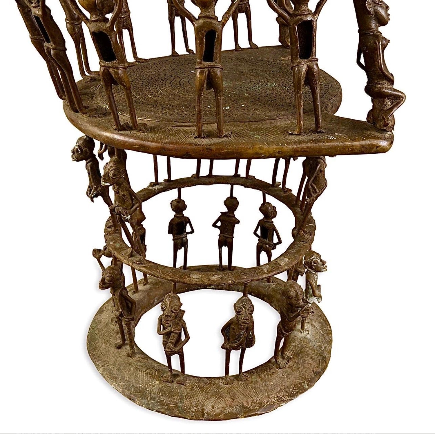 Rare African Solid Benin Bronze Ceremonial Throne Chair Multi Figure Sculpture