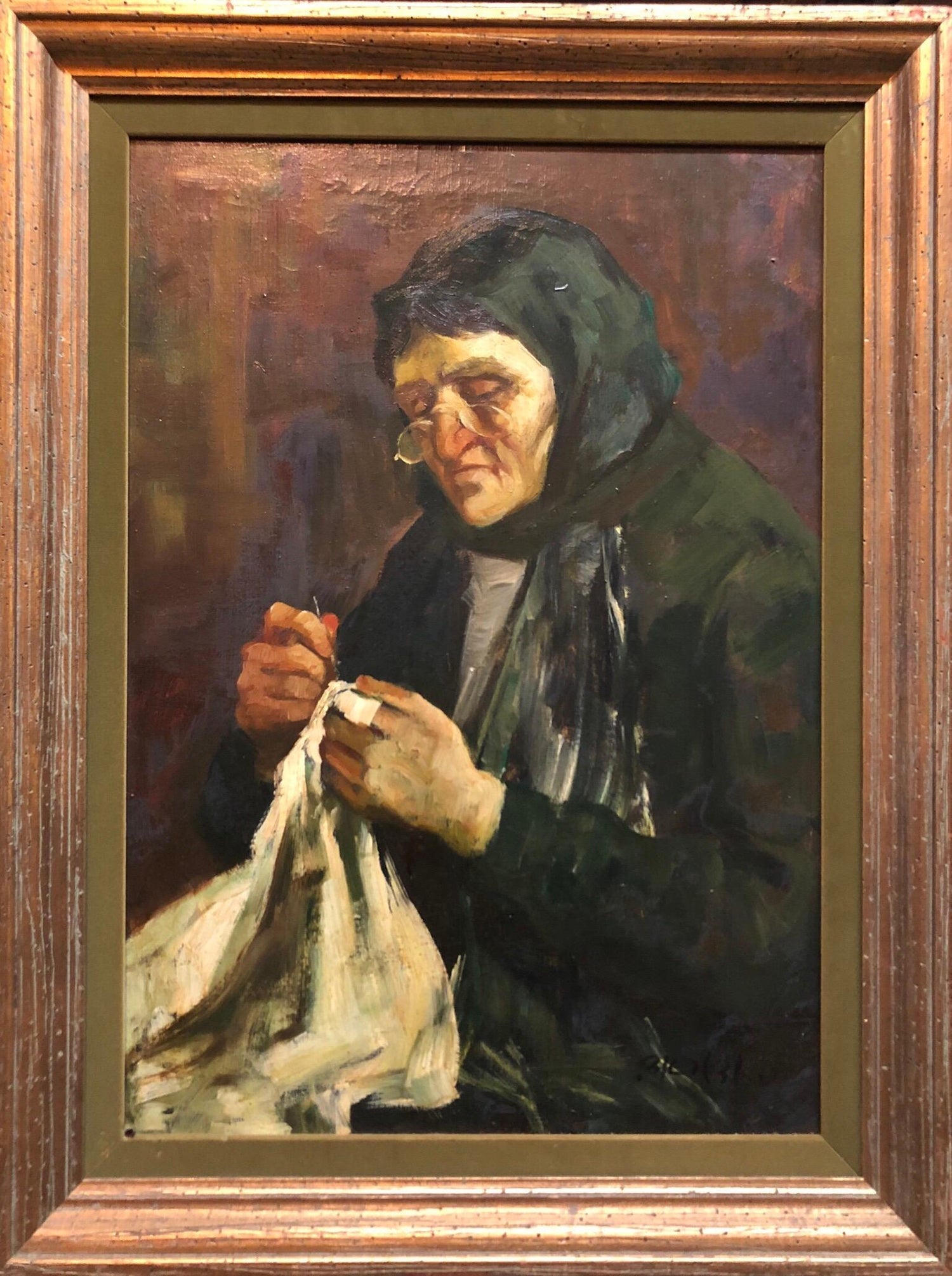 Israeli Judaica Old Jewish Woman Sewing Expressionist Oil Painting