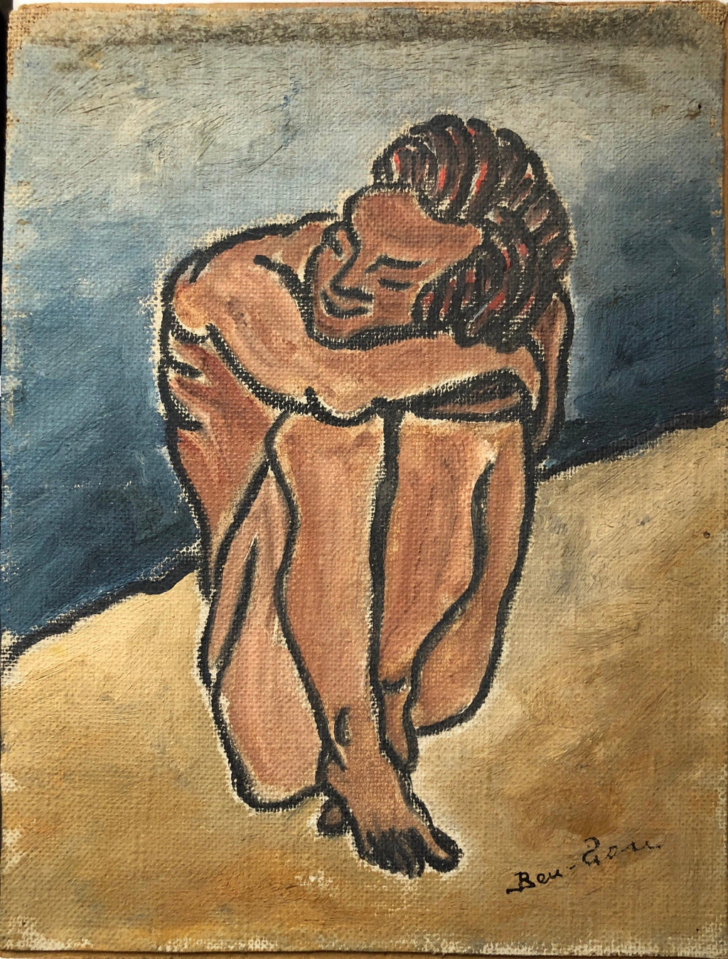 American Modernist Oil Painting Nude Male on Beach WPA Artist Group of 10