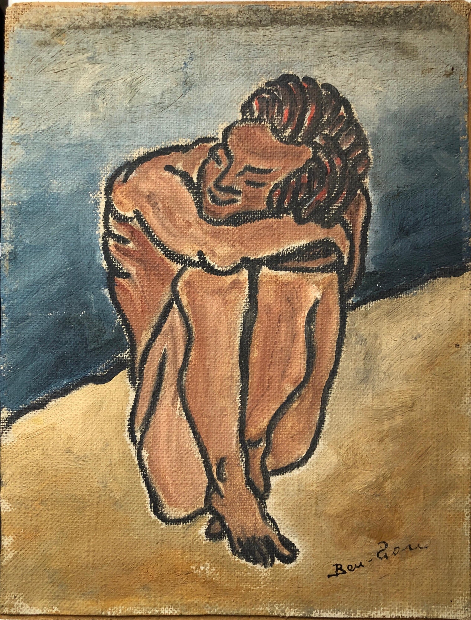 American Modernist Oil Painting Nude Male on Beach WPA Artist Group of 10
