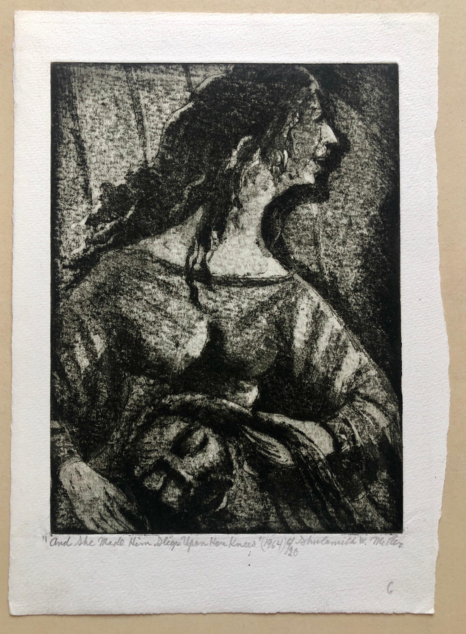 "She Made Him Sleep on her Knees" Etching Israeli Judaica Bezalel School Woman