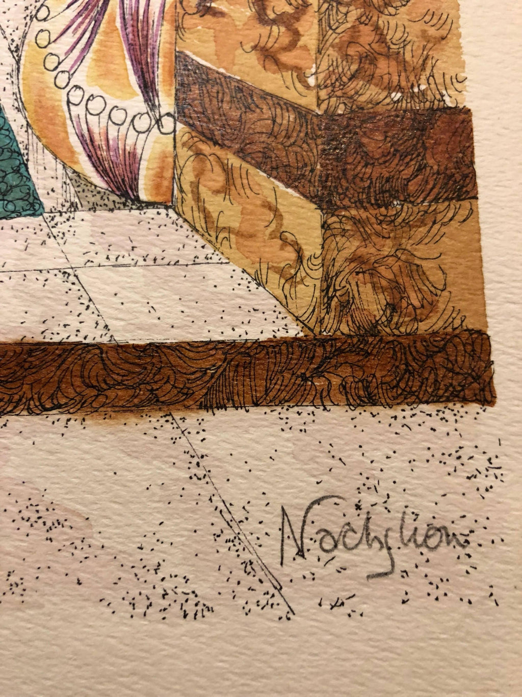 Machpela Cave Chevron 1967 Israeli Judaica Mixed Media Print Watercolor Painting