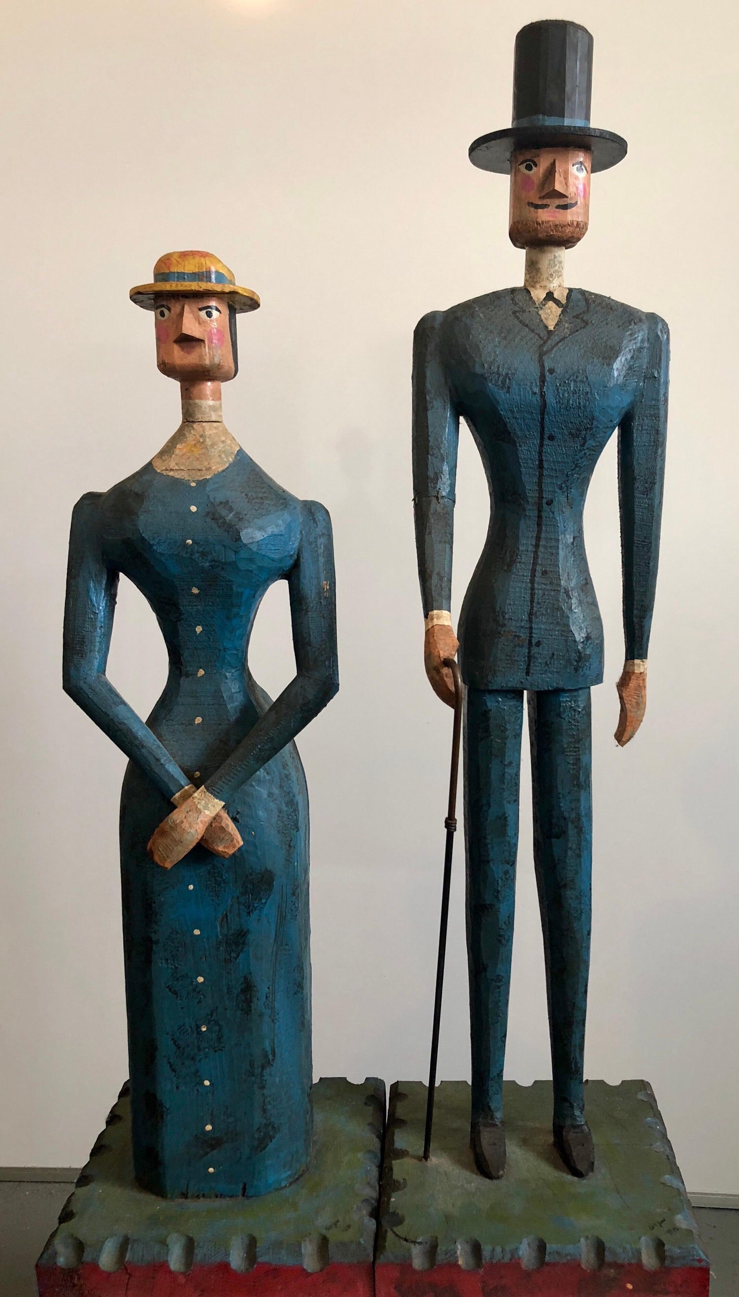 Hand Carved Painted Wood Folk Art Americana Sculpture Pair American Gothic