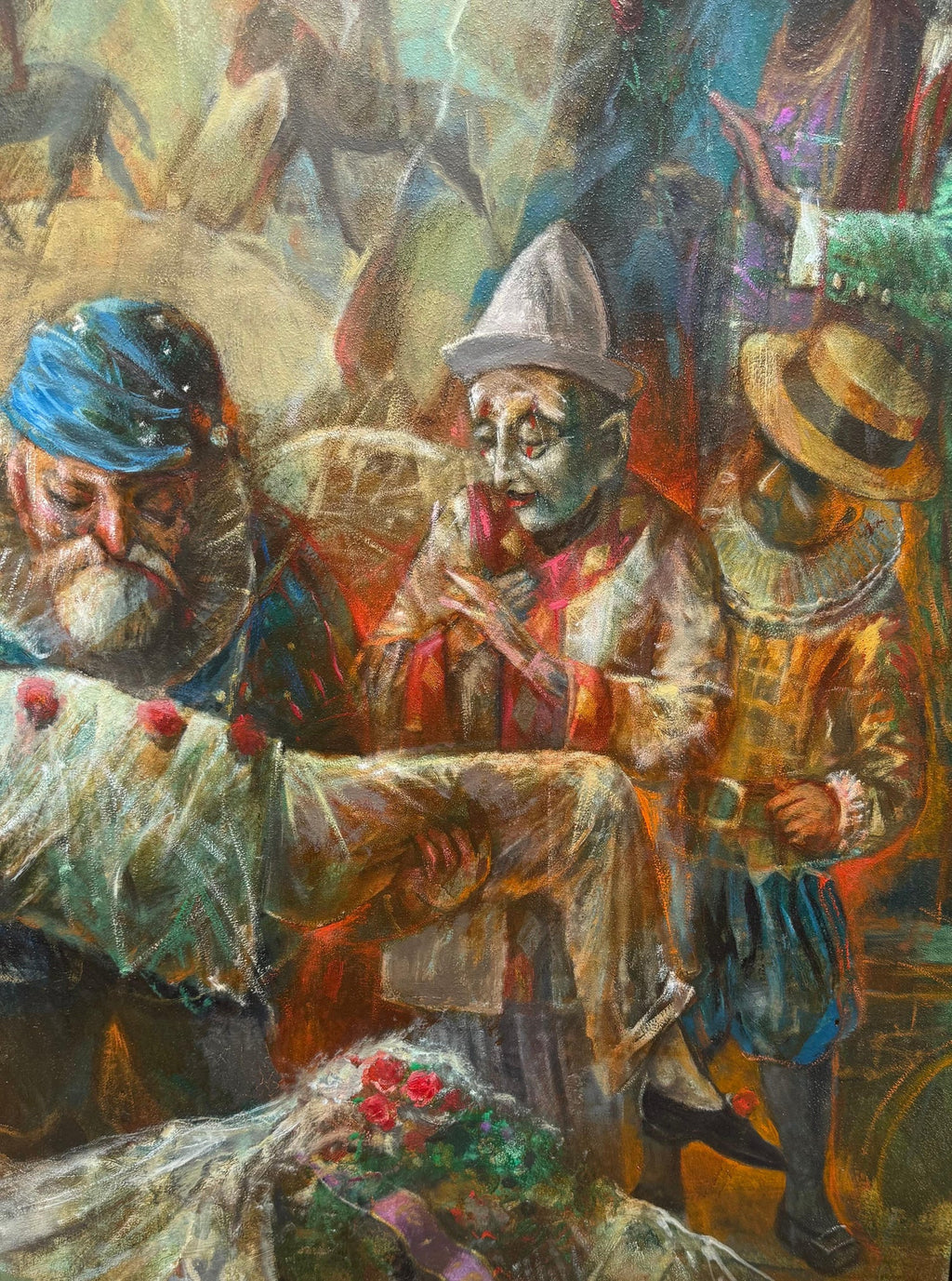 Large Oil Painting Circus Scene Clowns Rediscovered NY Artist Jonah Kinigstein