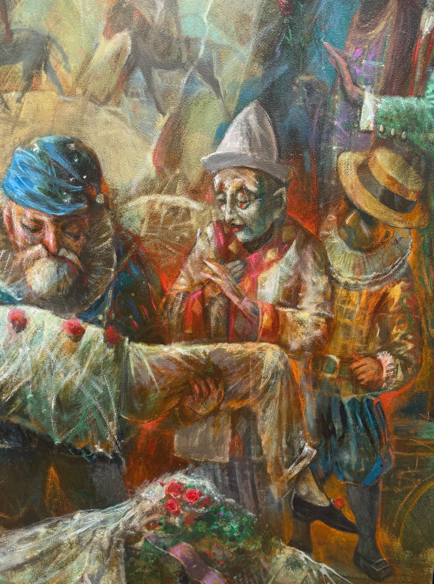 Large Oil Painting Circus Scene Clowns Rediscovered NY Artist Jonah Kinigstein