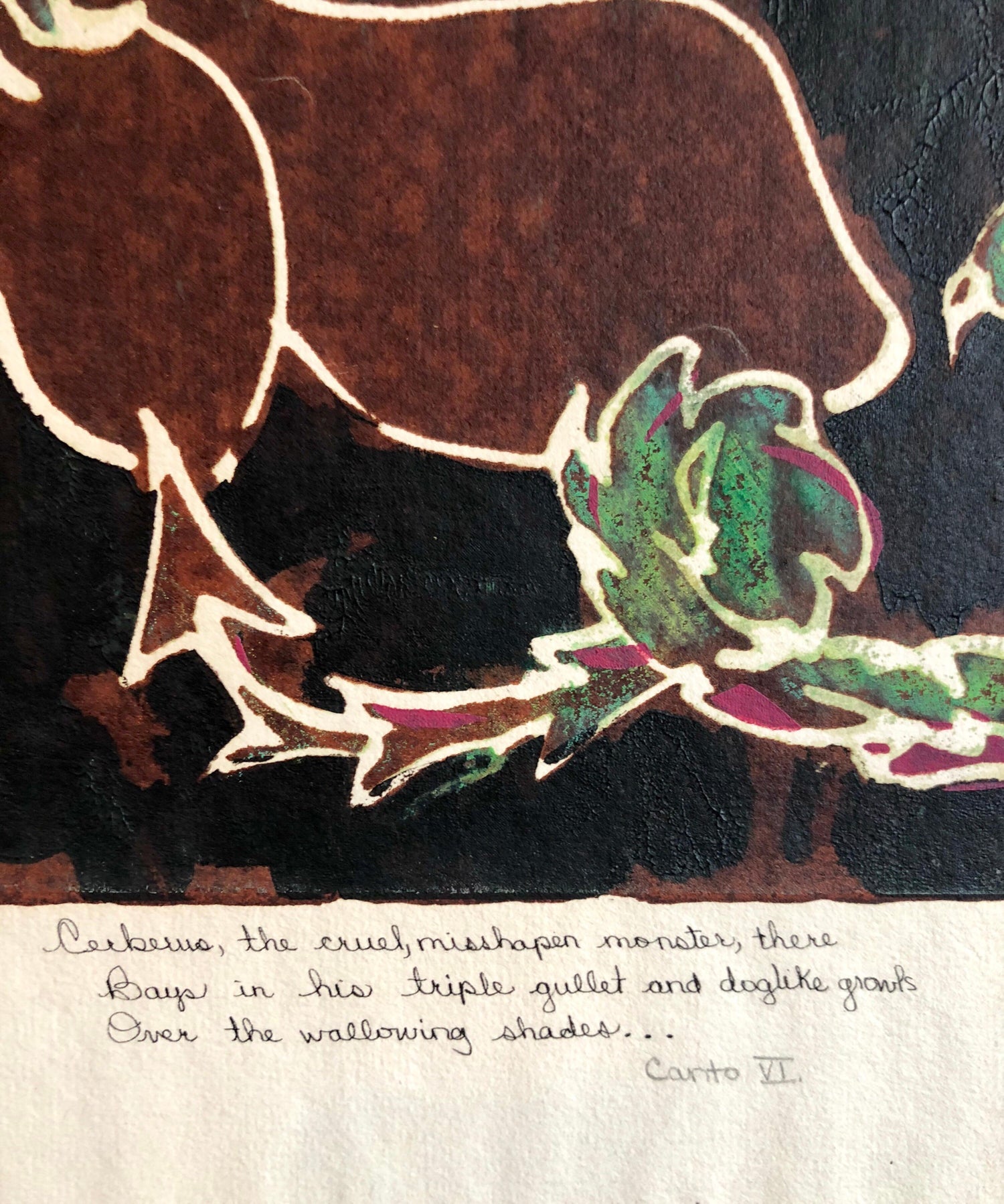 Vintage Vibrant Mod Mythological Dragon Psychedelic Woodblock Woodcut Print