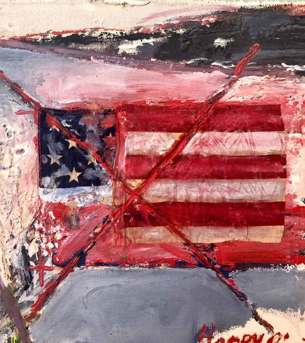 Abstract Expressionist Happy Bicentennial Baby, American Flag Collage Painting