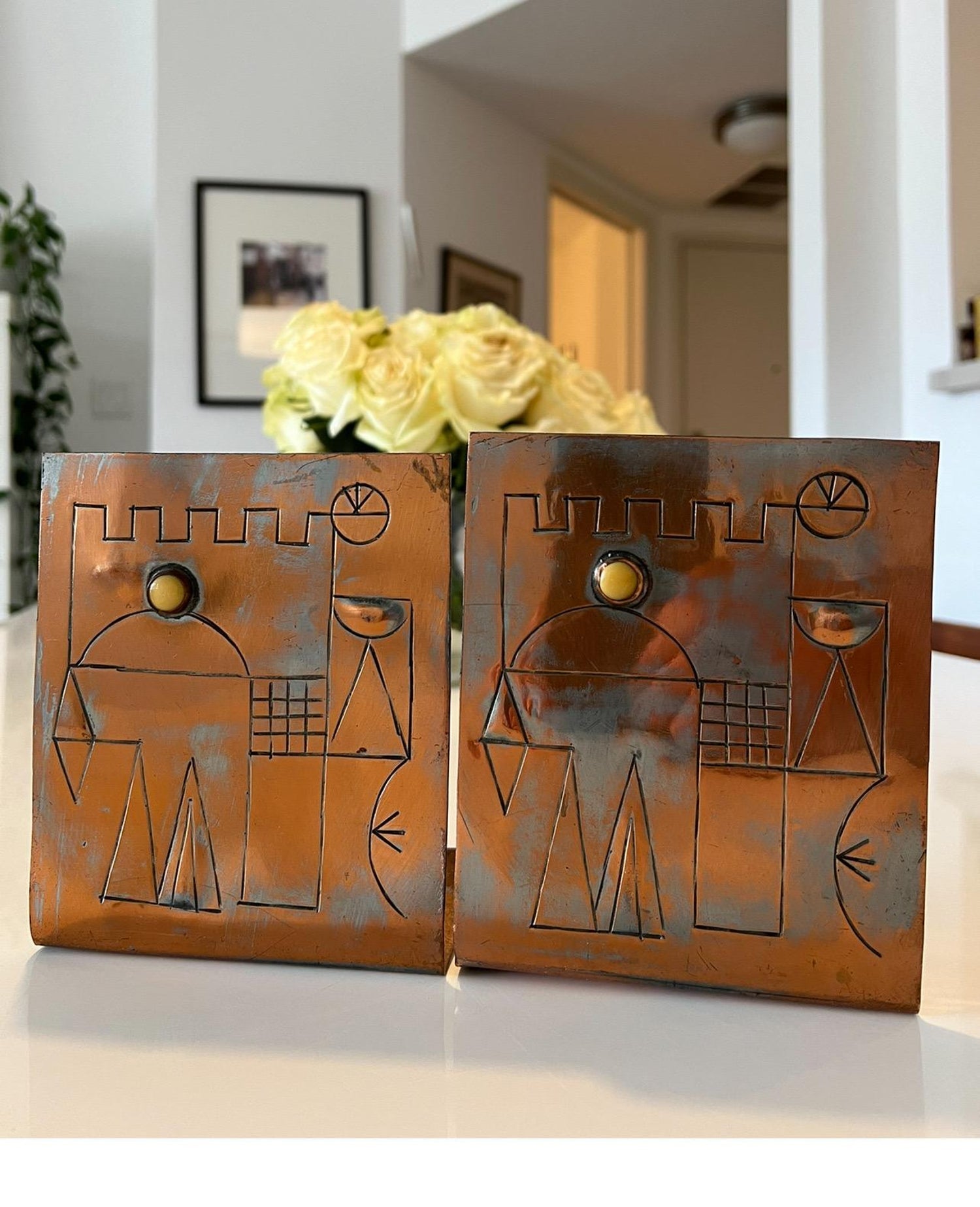 Israeli Mod Arts & Crafts Copper Sculpture Bookends Bezalel Schatz Yaad Studio