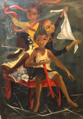 Modernist Oil Painting Social Realist Kids and Cat in Red Wagon WPA Style