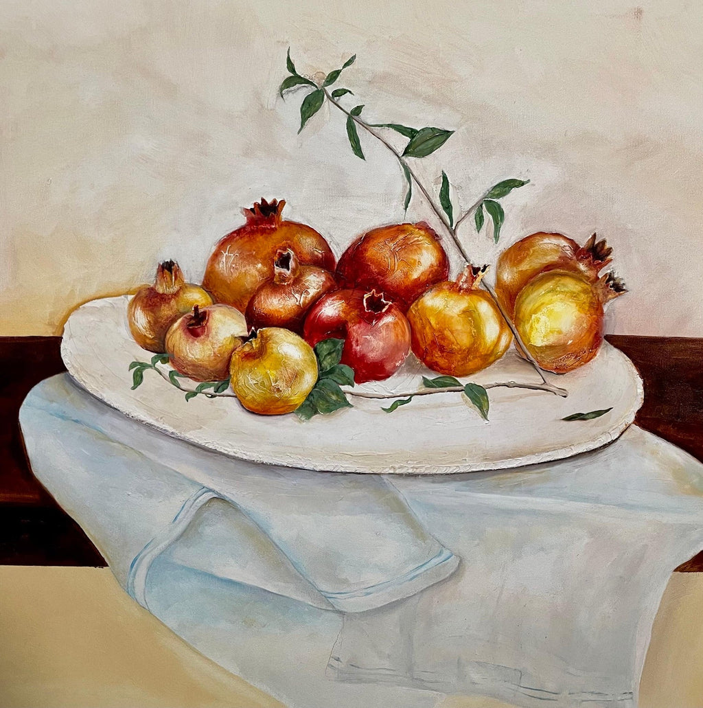 Israeli Folk Art Oil Painting Pomegranates Naive Style Still Life Hedva Yardeni