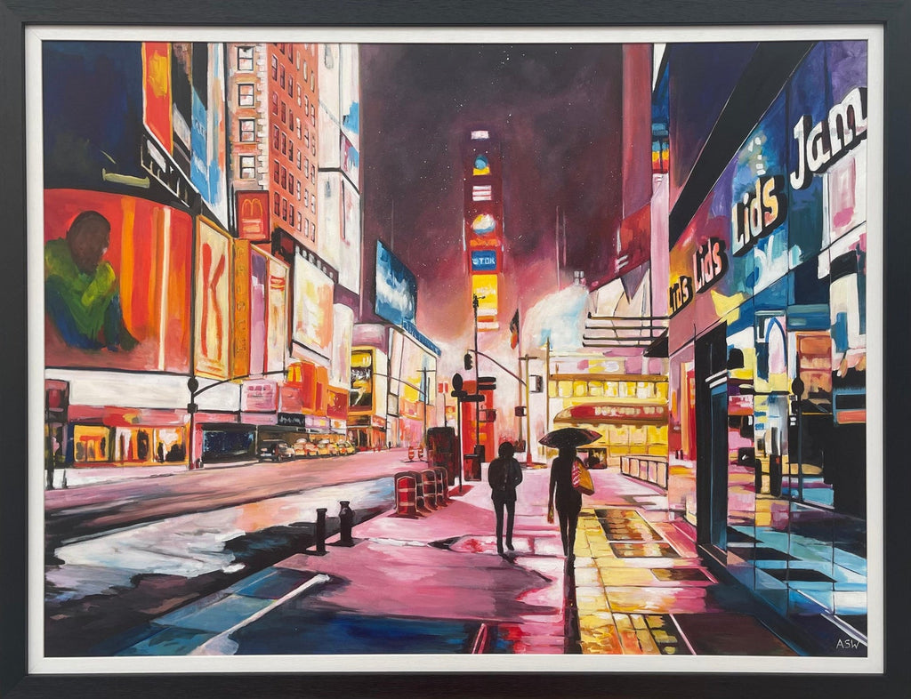 Vibrant New York City Times Square, Figural Abstract Expressionist Oil Painting