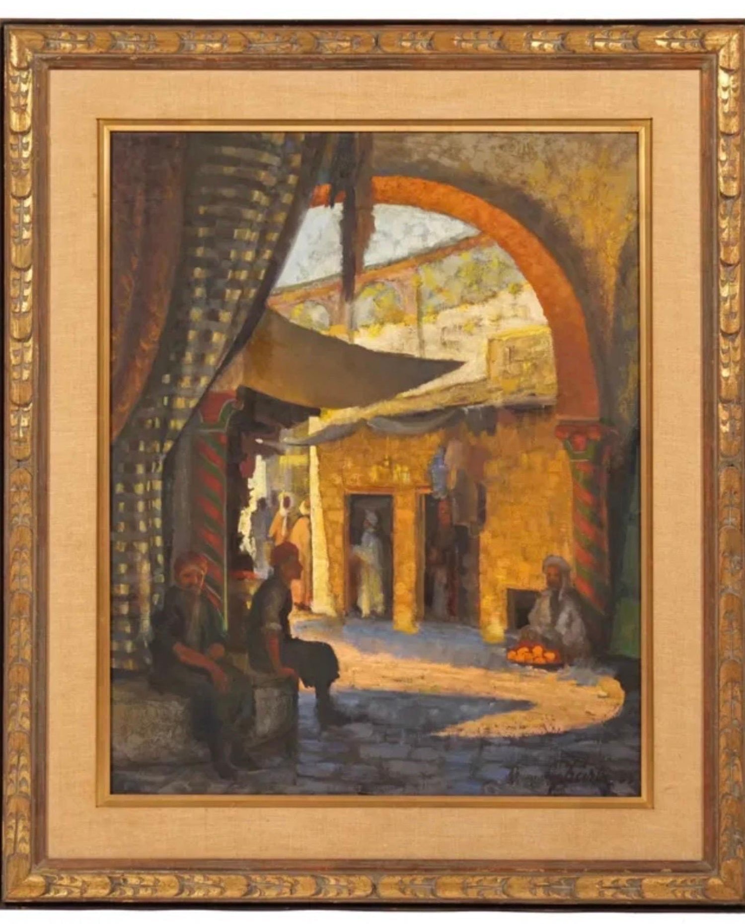 Large Orientalist Arab Oil Painting Merchants at the Bazaar Souq Jalal Gharbi