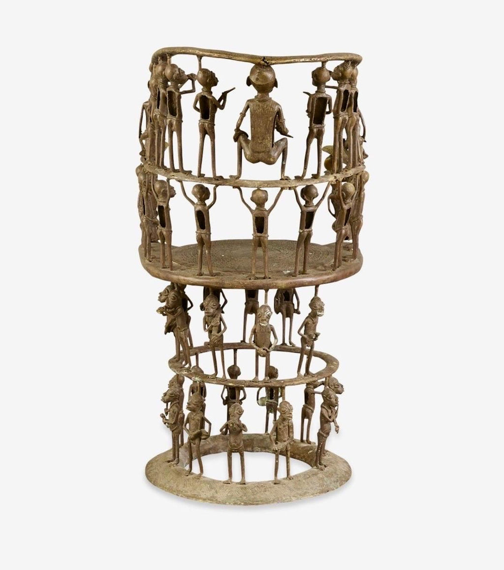 Rare African Solid Benin Bronze Ceremonial Throne Chair Multi Figure Sculpture