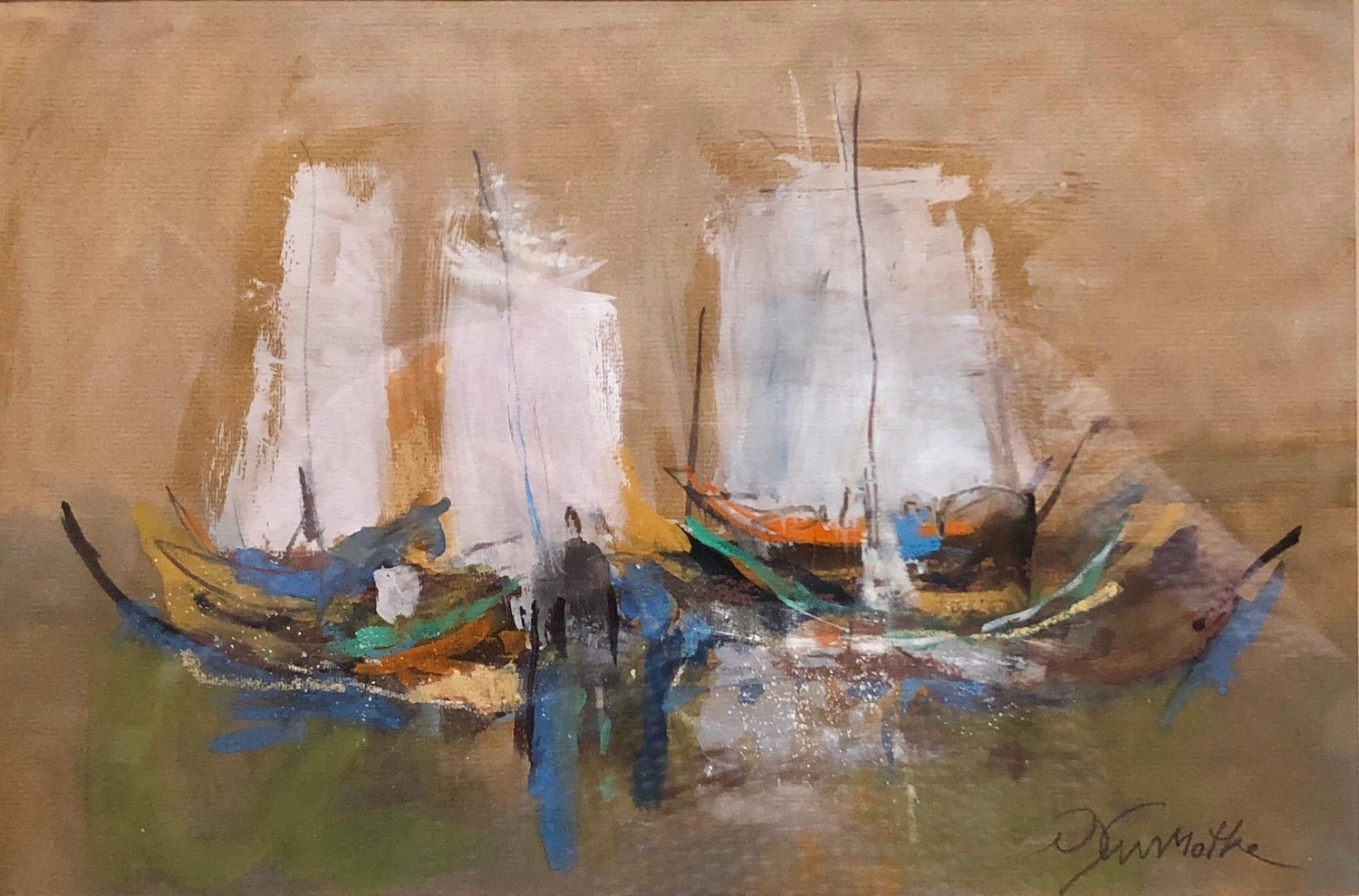 1940s Israeli Modernist Oil Painting Marine Harbor Landscape Bezalel School