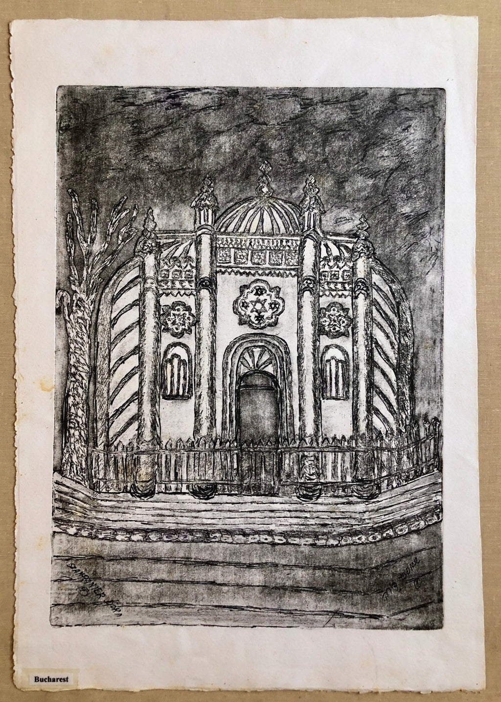 Bucharest Romania Jewish Memorial Etching Destroyed Synagogue Folk Art Judaica