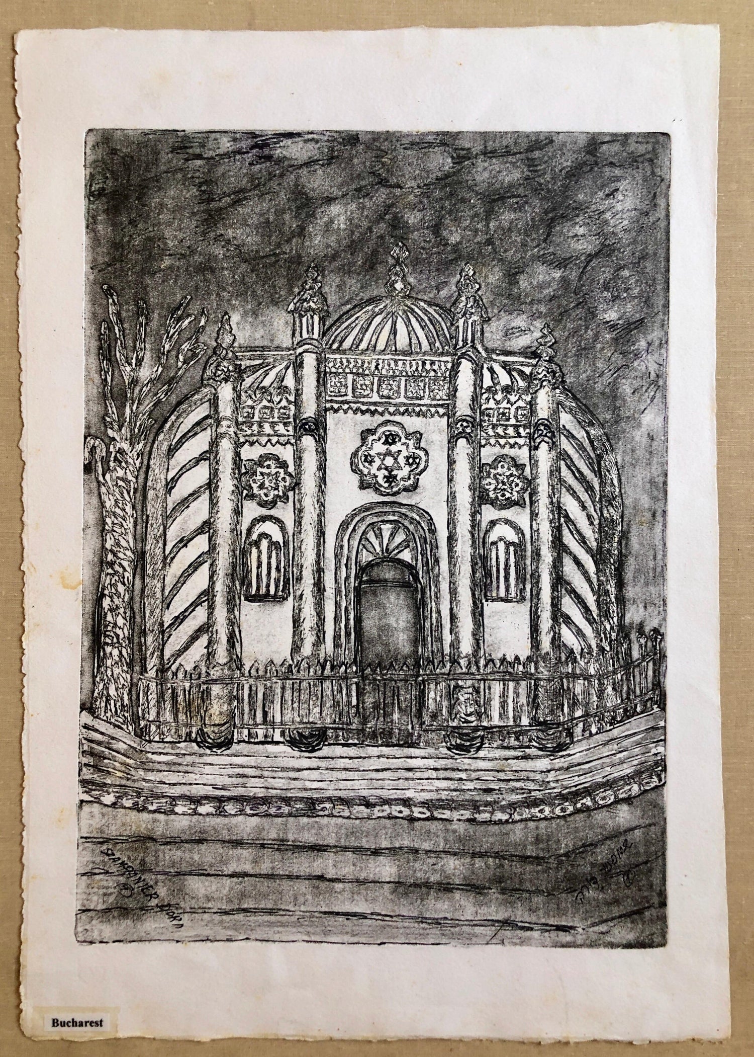 Bucharest Romania Jewish Memorial Etching Destroyed Synagogue Folk Art Judaica