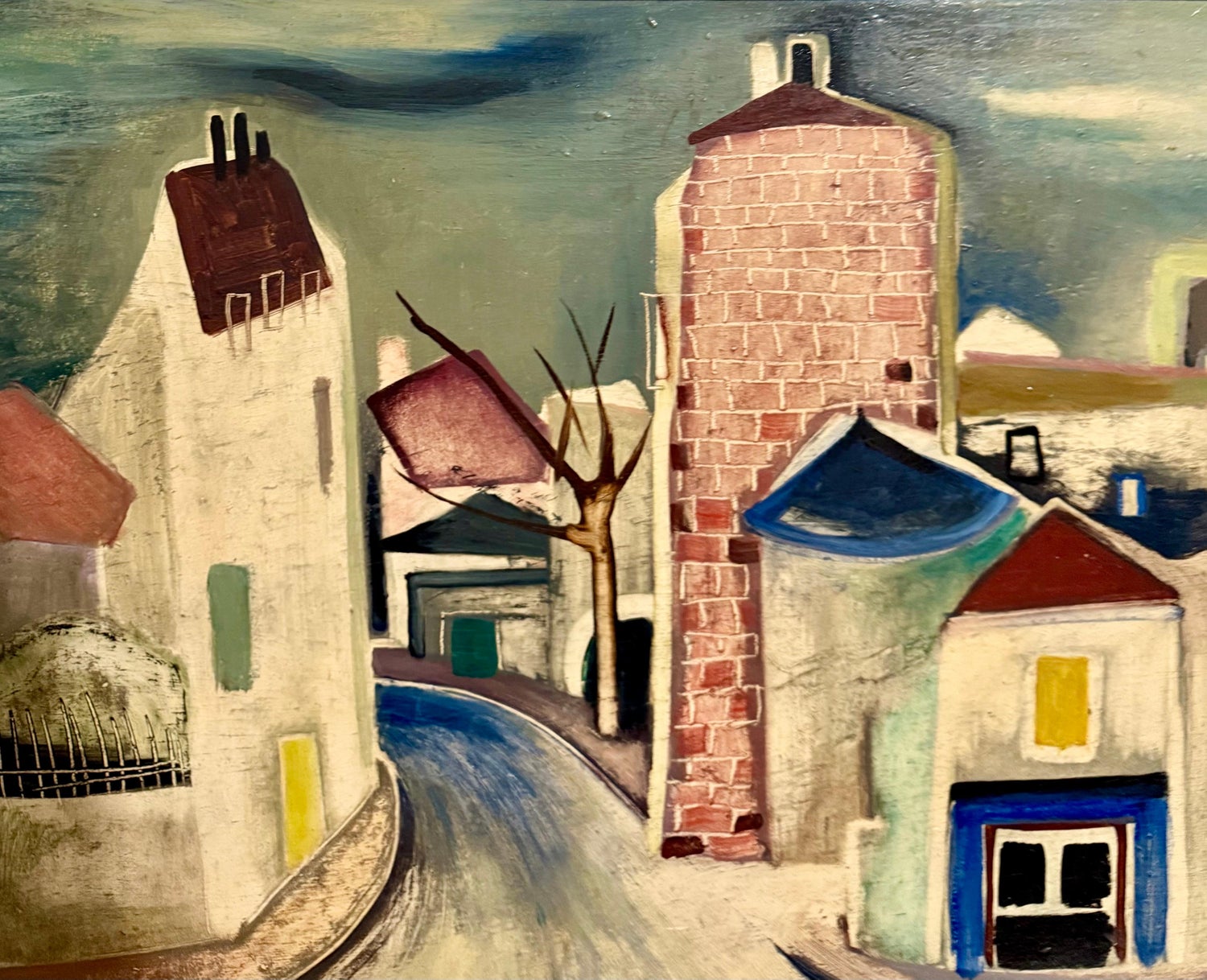 Charles Chartier 1951 French Cubist Modernist Oil Painting Surreal Paris Village