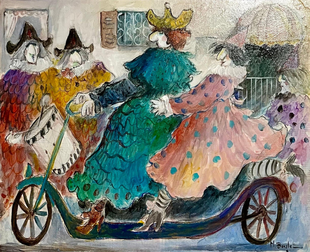 Charming French Naive Art, Clowns on Bicycle Michel Boulet Folk Art Oil Painting