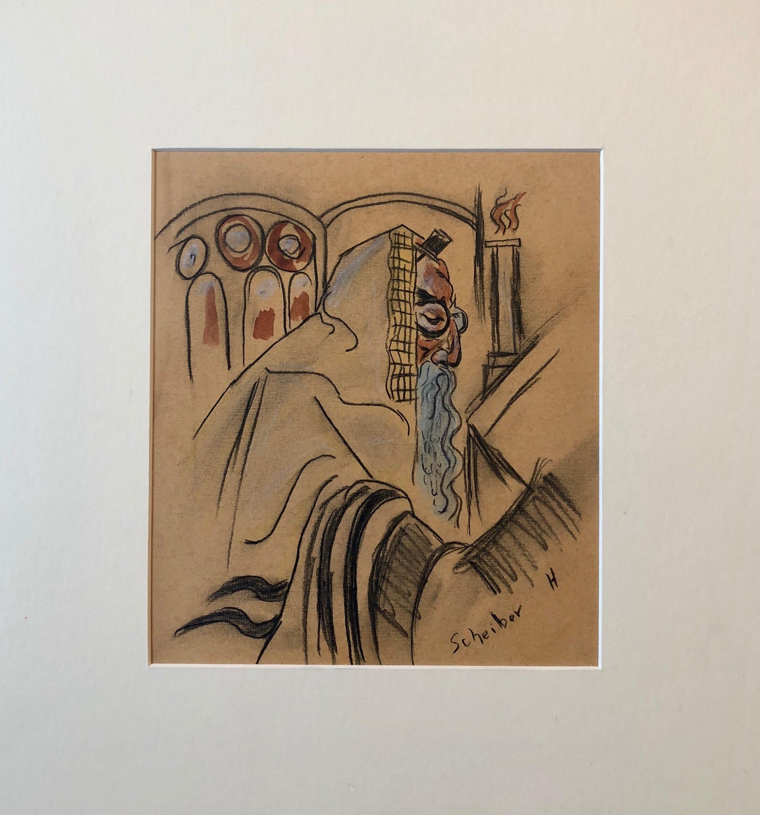 Rare Modernist Hungarian Rabbi Pastel Drawing Gouache Painting Judaica Art Deco